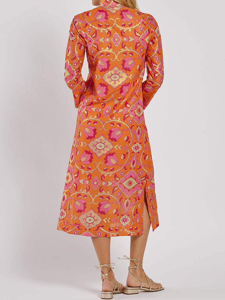 Orange Printed V-Neck Midi Dress