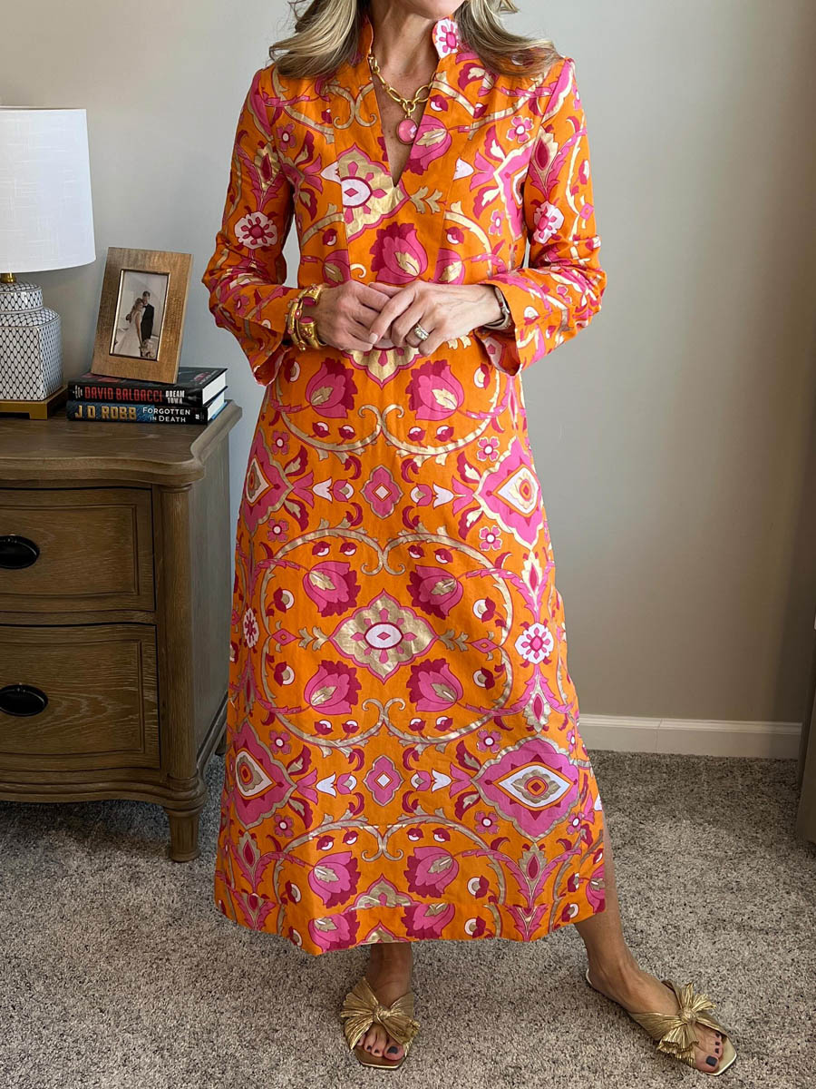 Orange Printed V-Neck Midi Dress