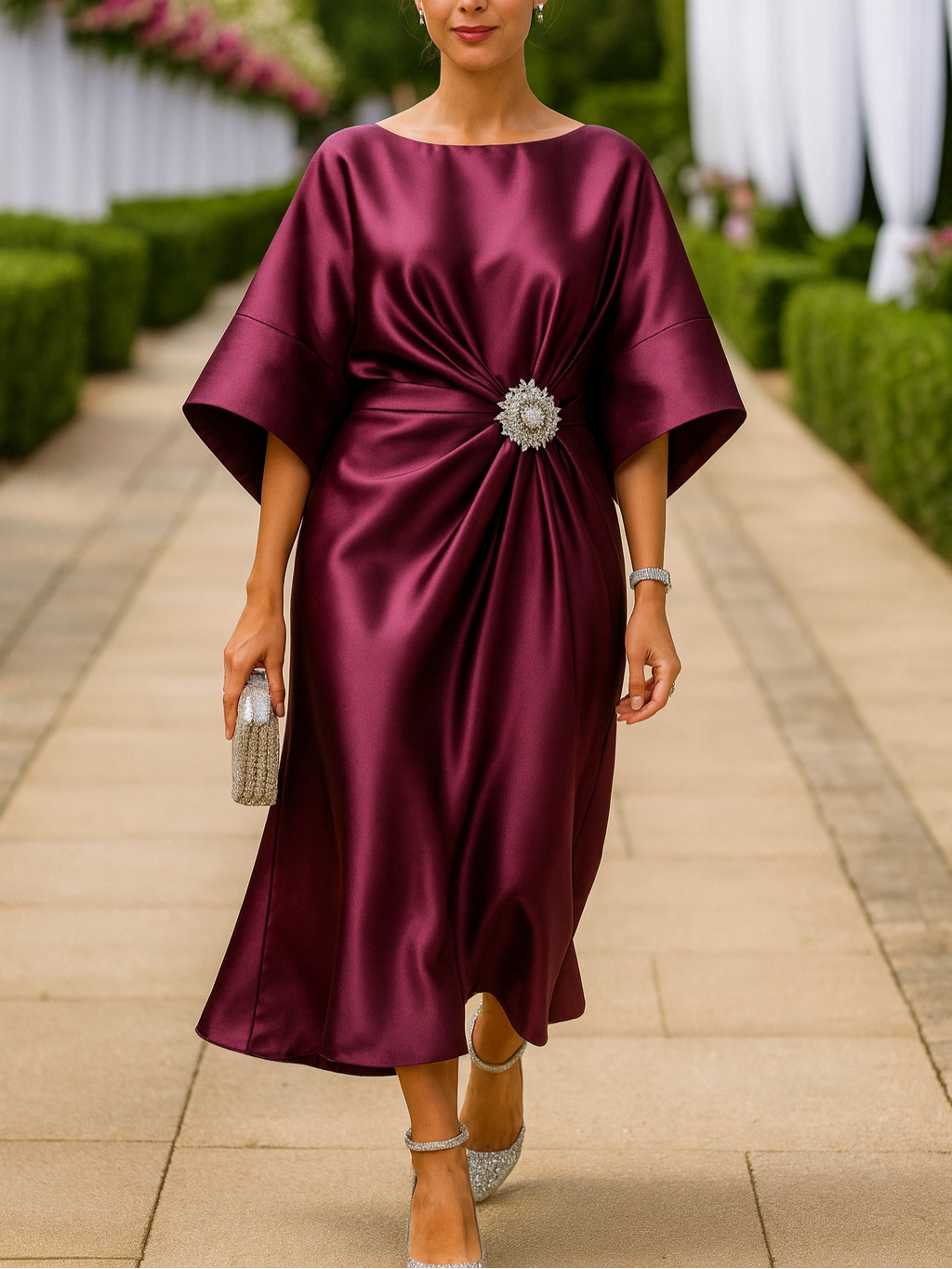 VESTIDO ELEGANTE PORTO SATINADO CON CAÍDA DE ENSUEÑO