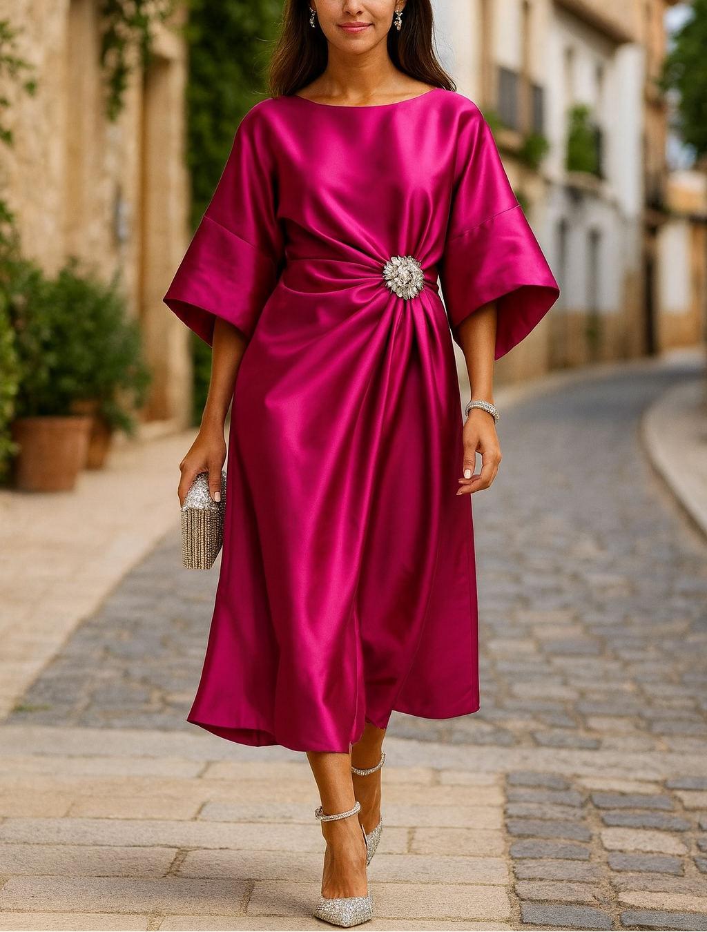 VESTIDO ELEGANTE PORTO SATINADO CON CAÍDA DE ENSUEÑO