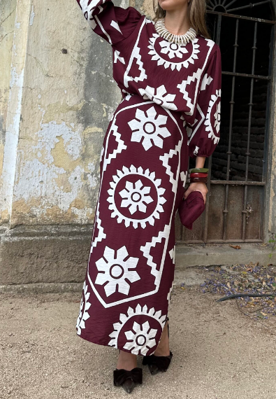 Elegant Printed Long Sleeve Midi Dress