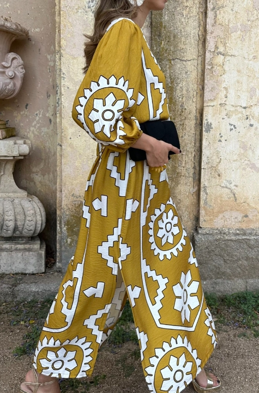 Elegant Printed Long Sleeve Midi Dress