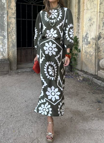 Elegant Printed Long Sleeve Midi Dress