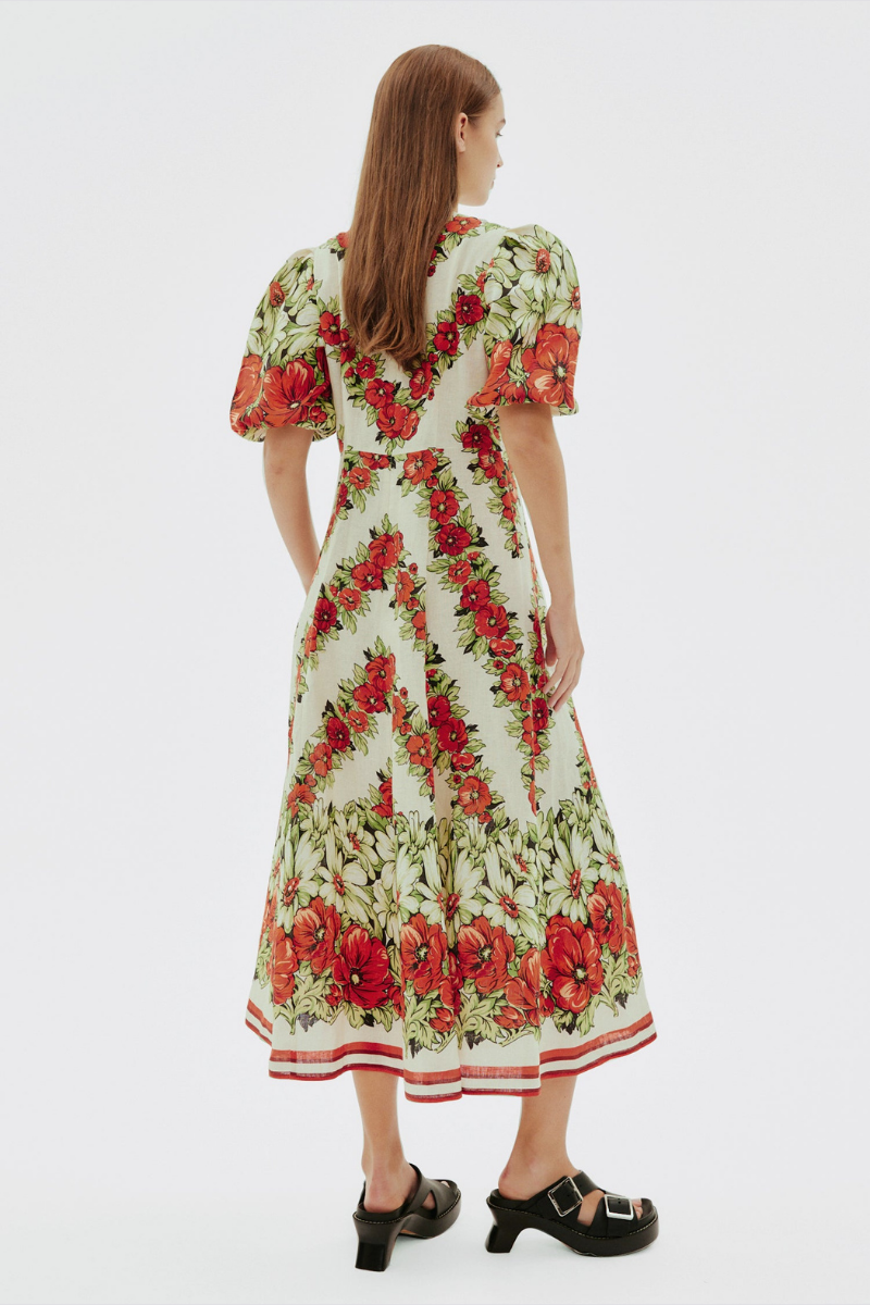 VESTIDO LARGO CON CUELLO REDONDO Y ESTAMPADO FLORAL EN COLOR ROJO AMAIA