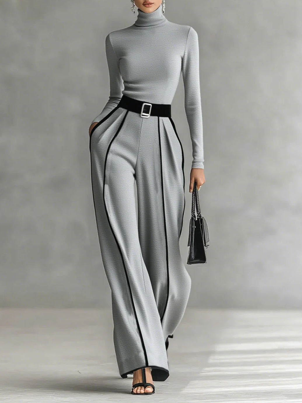 CONJUNTO DE DOS PIEZAS CAMILA™ | CUELLO ALTO CON DETALLE BLANCO Y PANTALÓN PALAZZO