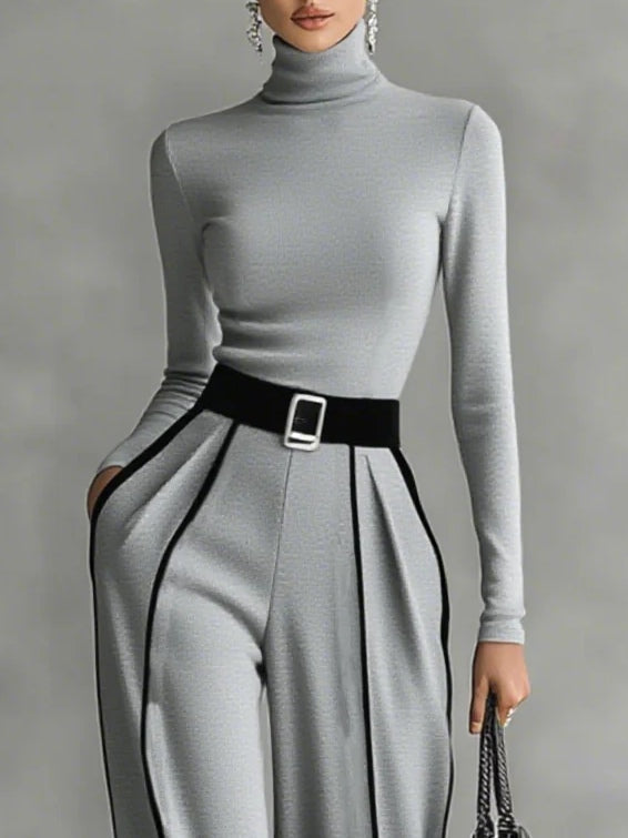 CONJUNTO DE DOS PIEZAS CAMILA™ | CUELLO ALTO CON DETALLE BLANCO Y PANTALÓN PALAZZO