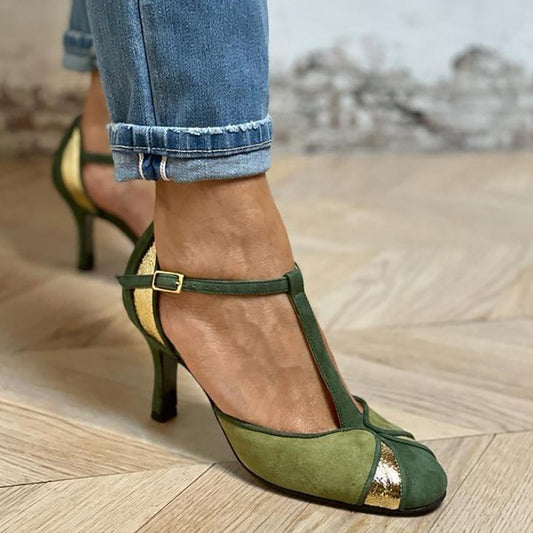 ALONA™ | ZAPATOS DE TACÓN PATCHWORK CON CORREA EN T Y PUNTA CERRADA
