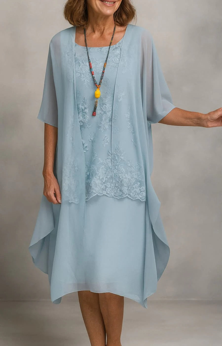 VALERIA VESTIDO CON ENCAJE Y ESTOLA FLUIDA