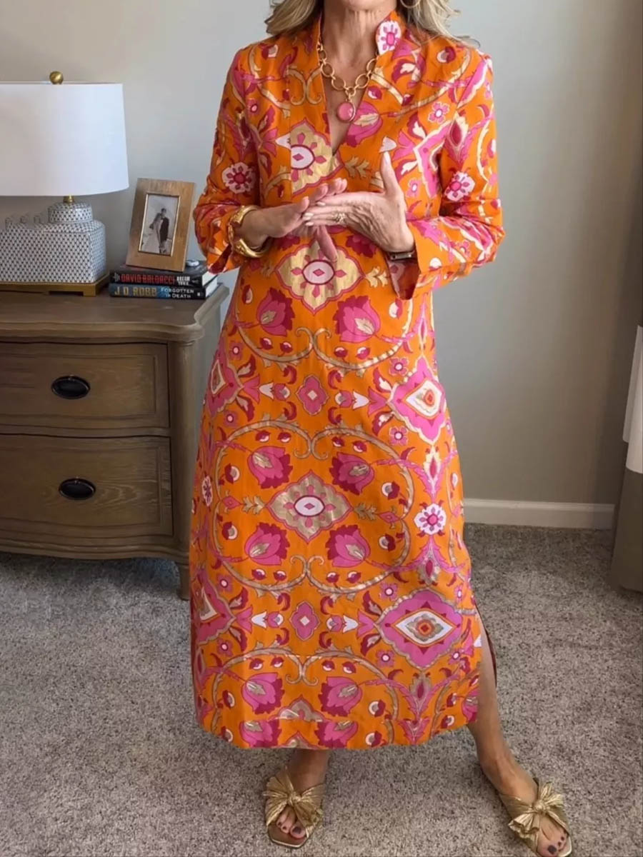 Orange Printed V-Neck Midi Dress