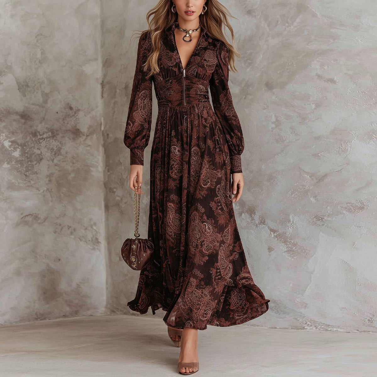 Retro Long Sleeve Brown Maxi Dress