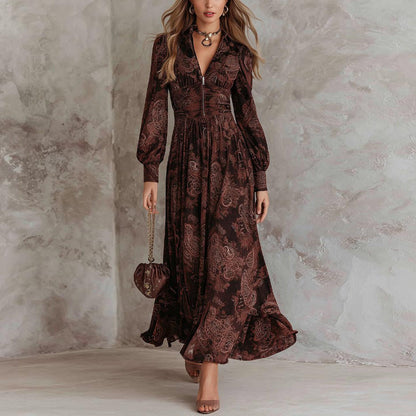 Retro Long Sleeve Brown Maxi Dress