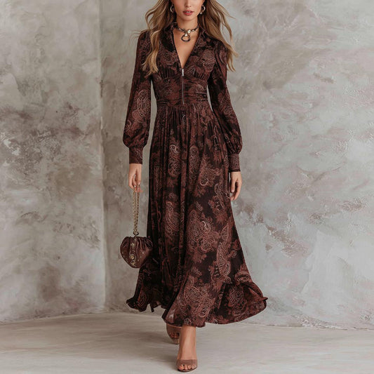 Retro Long Sleeve Brown Maxi Dress