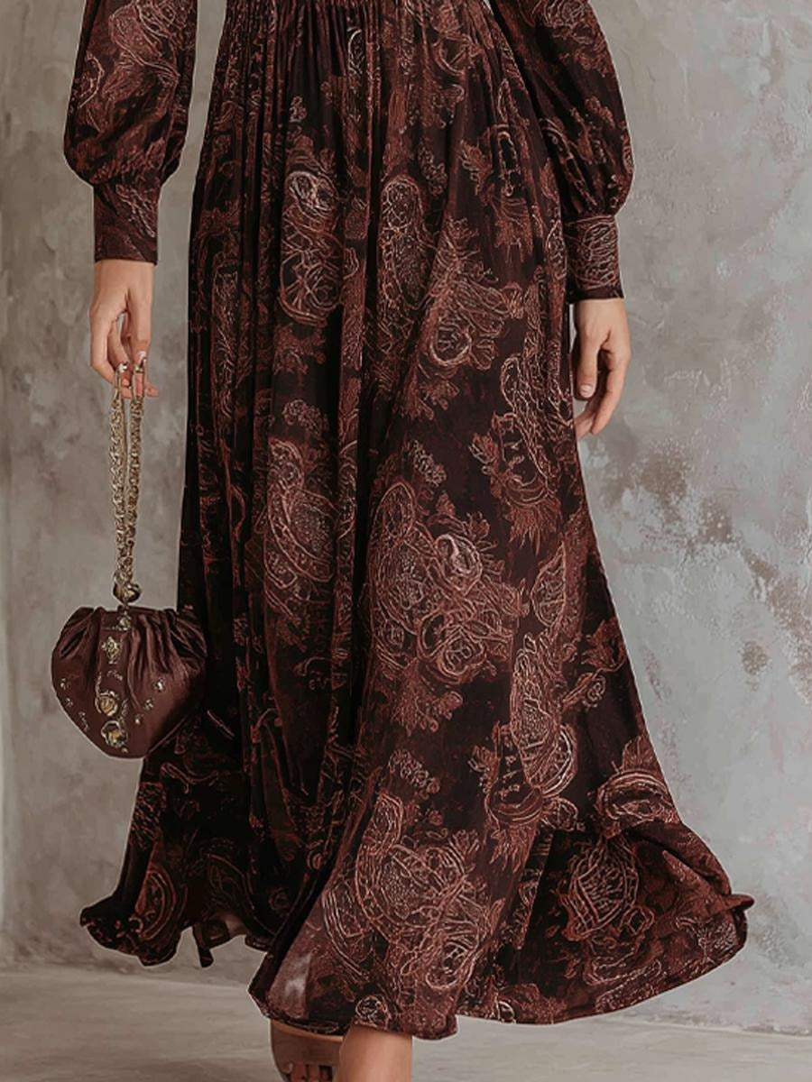 Retro Long Sleeve Brown Maxi Dress