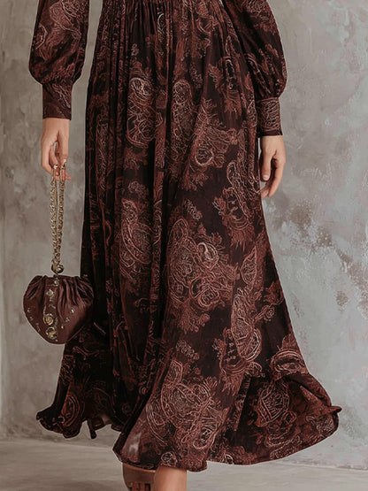 Retro Long Sleeve Brown Maxi Dress