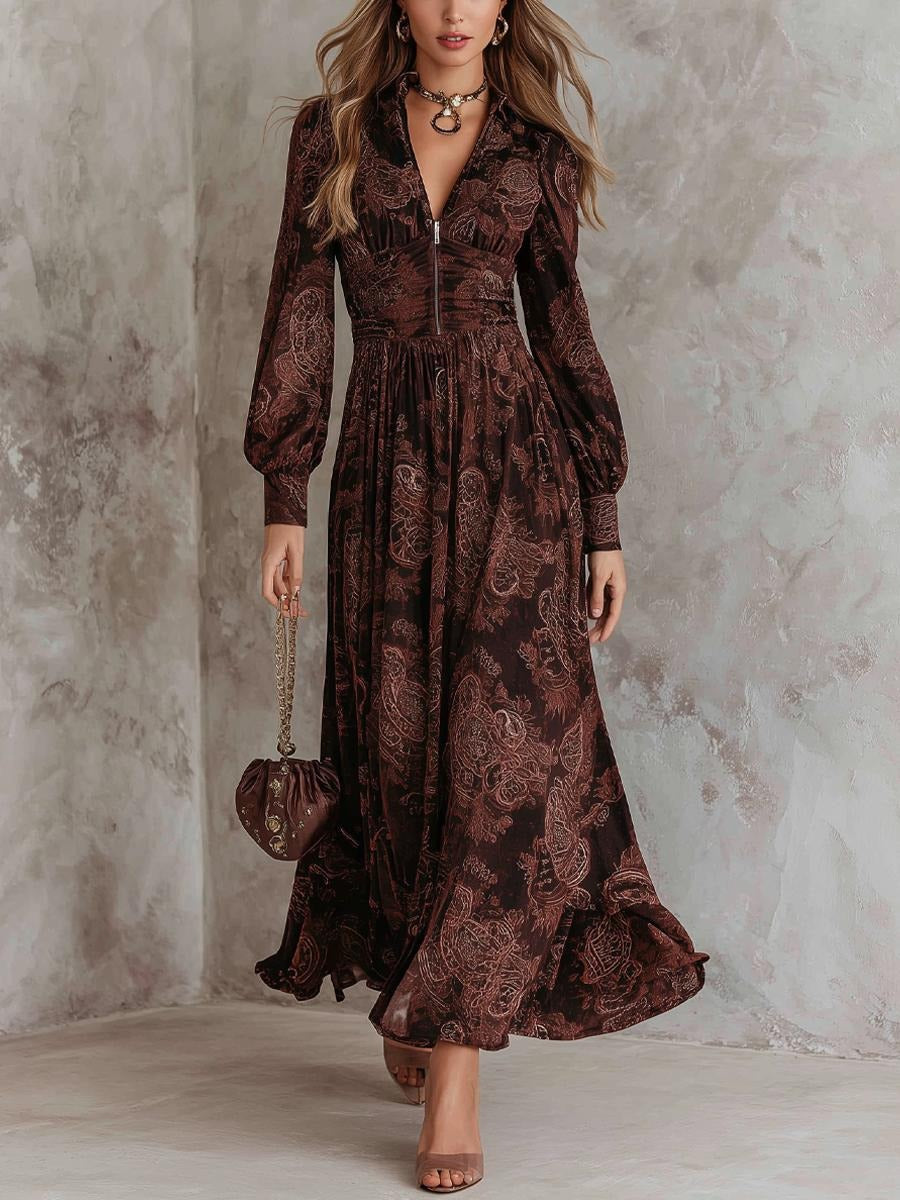 Retro Long Sleeve Brown Maxi Dress
