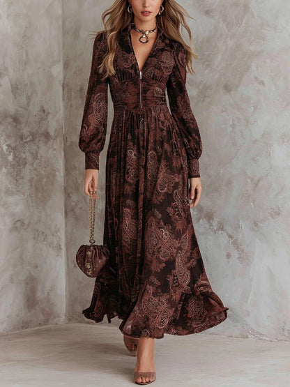 Retro Long Sleeve Brown Maxi Dress