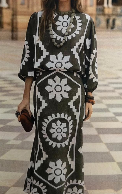 Elegant Printed Long Sleeve Midi Dress