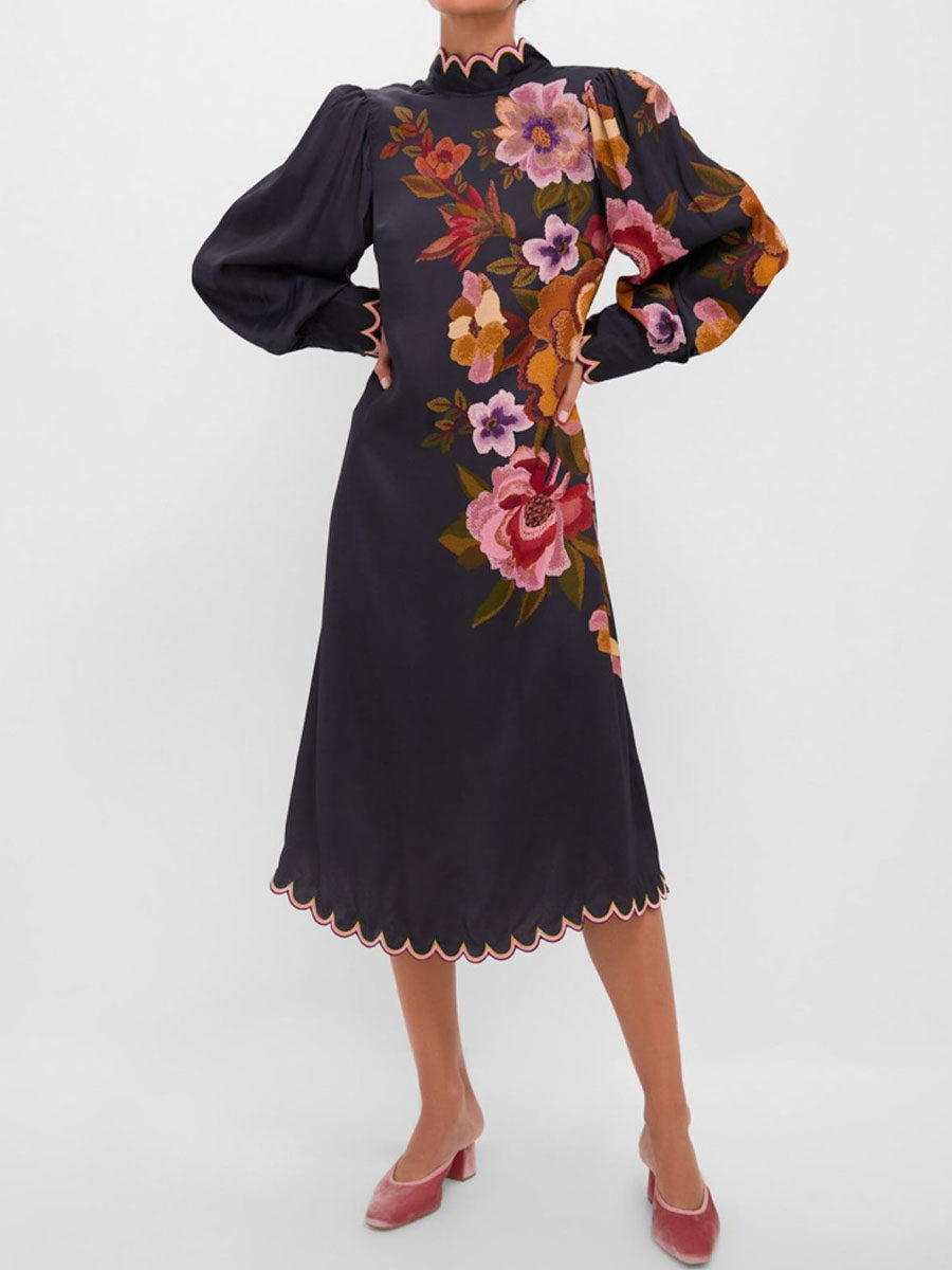 Elegant Flower Embroidered Midi Dress