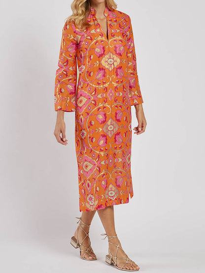 Orange Printed V-Neck Midi Dress