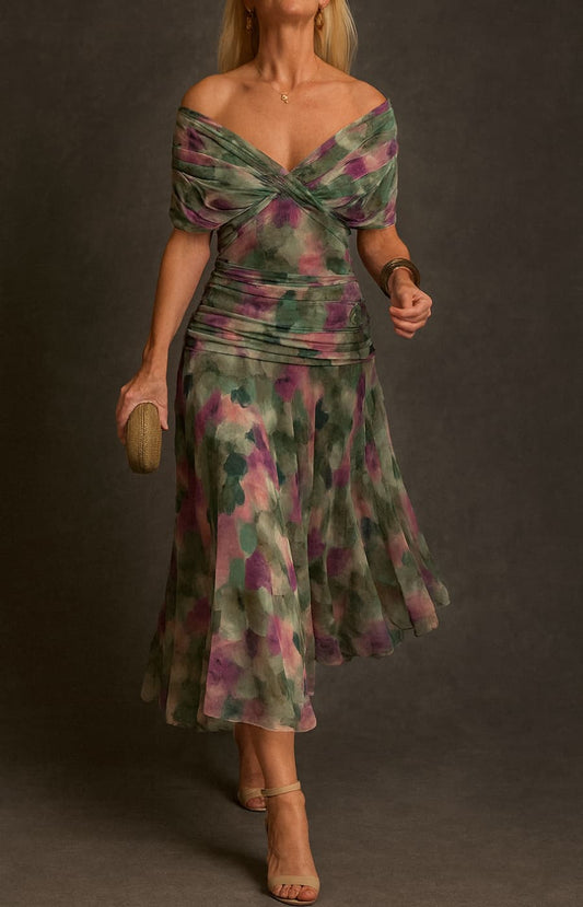 ÁFRICA | VESTIDO LARGO ESTAMPADO ACUARELA CON ESCOTE CRUZADO