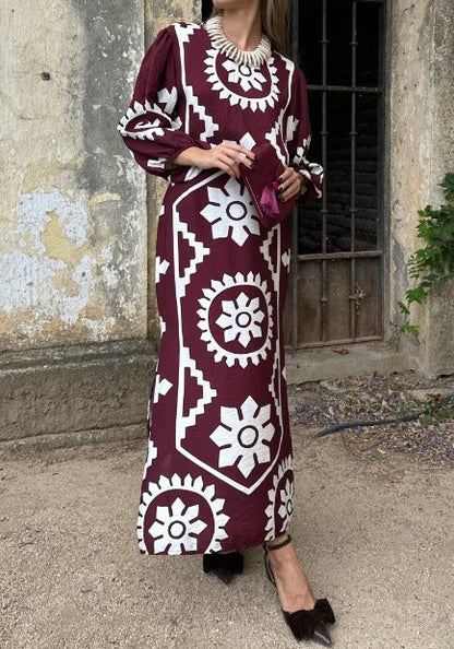 Elegant Printed Long Sleeve Midi Dress
