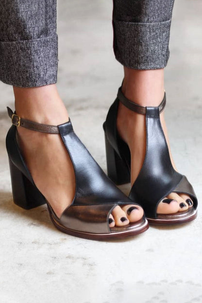 ANYAO™ | SANDALIAS DE TACÓN Y PUNTA ABIERTA EN PATCHWORK NEGRO