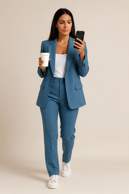 CONJUNTO ELEGANTE DE MUJER CON AMERICANA ESTRUCTURADA Y PANTALÓN AMPLIO
