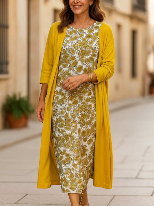 VESTIDO SOFÍA – ELEGANCIA MODERNA EN AMARILLO CON ESTOLA INCLUIDA