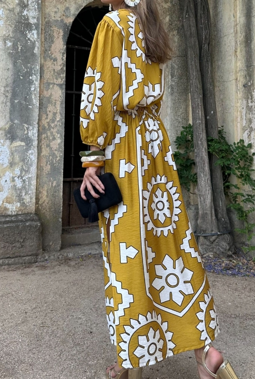 Elegant Printed Long Sleeve Midi Dress