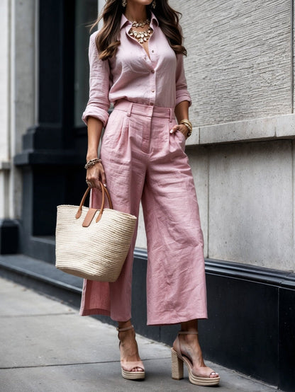 CONJUNTO DE LINO CLARA™ | CAMISA SUELTA Y PANTALÓN CROPPED PIERNA ANCHA