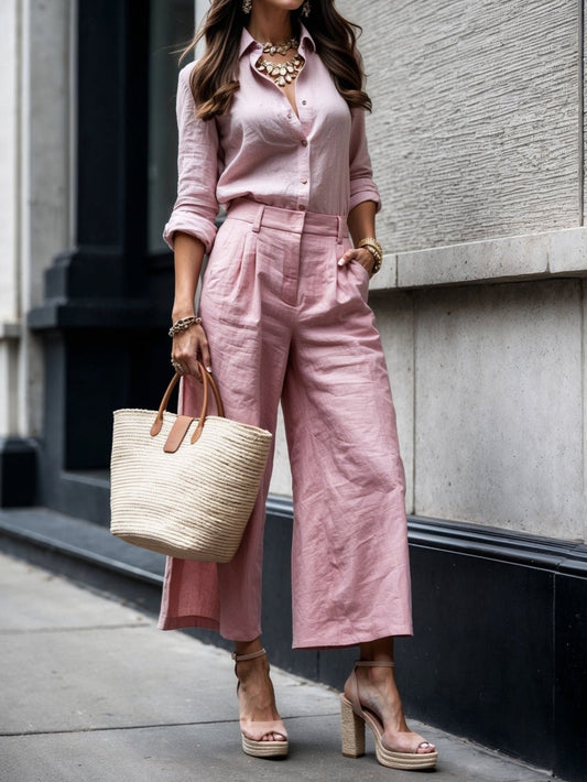 CONJUNTO DE LINO CLARA™ | CAMISA SUELTA Y PANTALÓN CROPPED PIERNA ANCHA