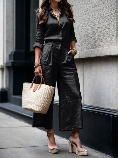 CONJUNTO DE LINO CLARA™ | CAMISA SUELTA Y PANTALÓN CROPPED PIERNA ANCHA