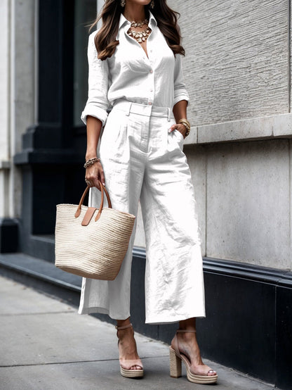 CONJUNTO DE LINO CLARA™ | CAMISA SUELTA Y PANTALÓN CROPPED PIERNA ANCHA