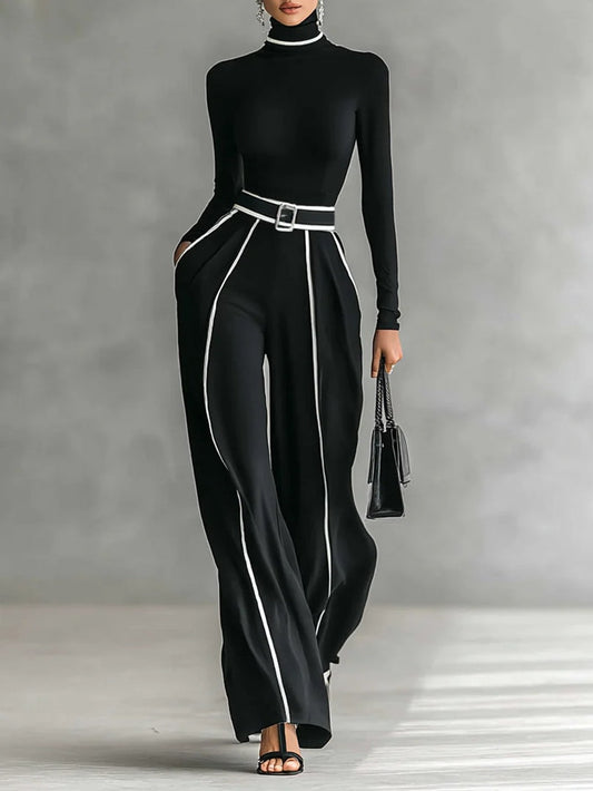 CONJUNTO DE DOS PIEZAS CAMILA™ | CUELLO ALTO CON DETALLE BLANCO Y PANTALÓN PALAZZO