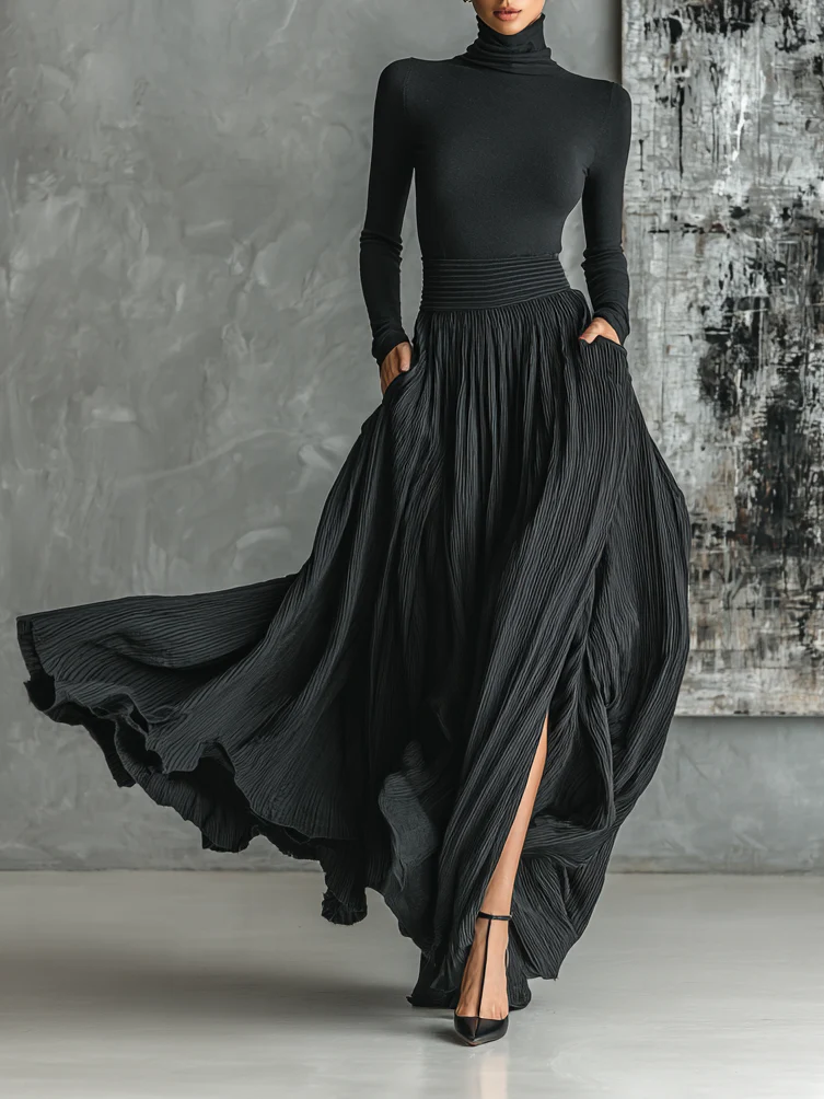 CONJUNTO NEGRO ELENA™ | CUELLO ALTO AJUSTADO Y FALDA PLISADA ELEGANTE