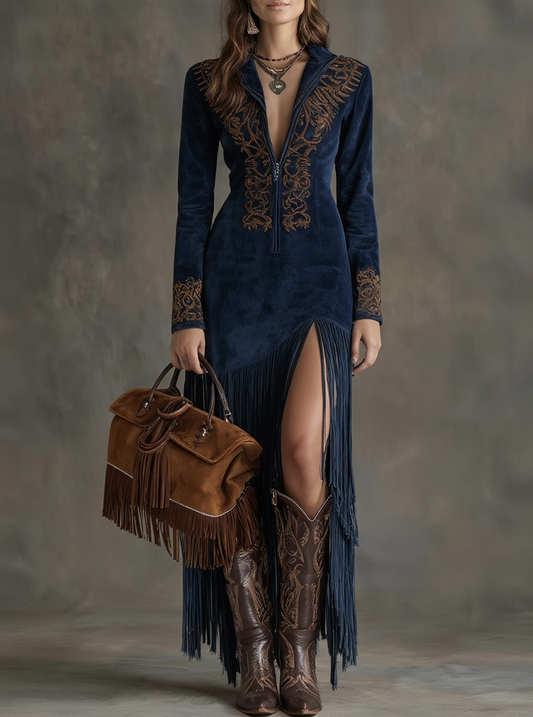 OLIVIA | VESTIDO LARGO ESTILO WESTERN CON MEDIA CREMALLERA, BORDADO Y FLECOS