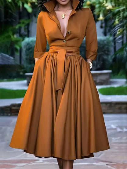 VESTIDO CHIC AMELIA – ELEGANTE MIDI CON BOTONES Y LAZO EN LA CINTURA