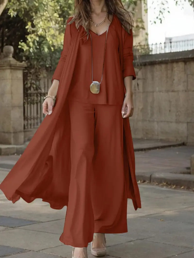 SET TOSCANA TRES PIEZAS – CARDIGAN LARGO, TOP Y PANTALÓN PALAZZO