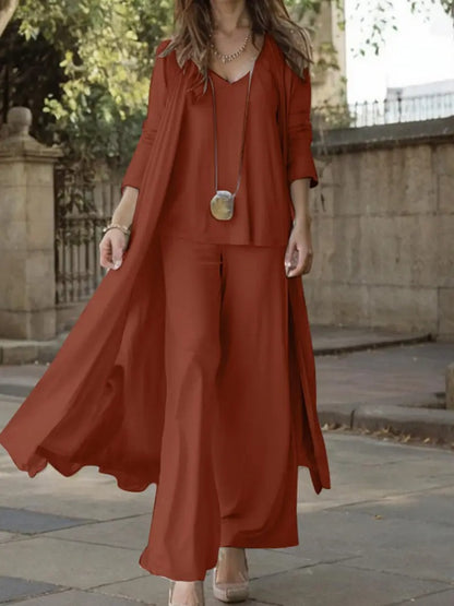 SET TOSCANA TRES PIEZAS – CARDIGAN LARGO, TOP Y PANTALÓN PALAZZO