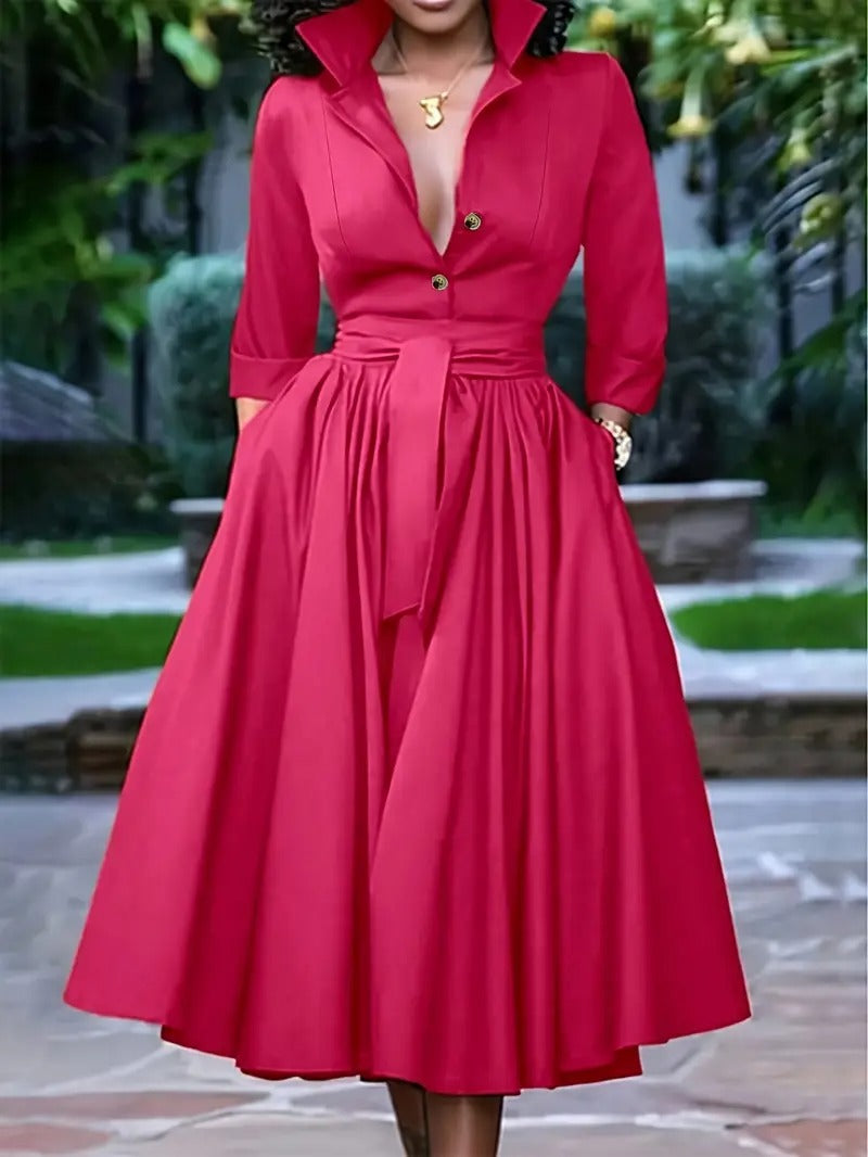 VESTIDO CHIC AMELIA – ELEGANTE MIDI CON BOTONES Y LAZO EN LA CINTURA