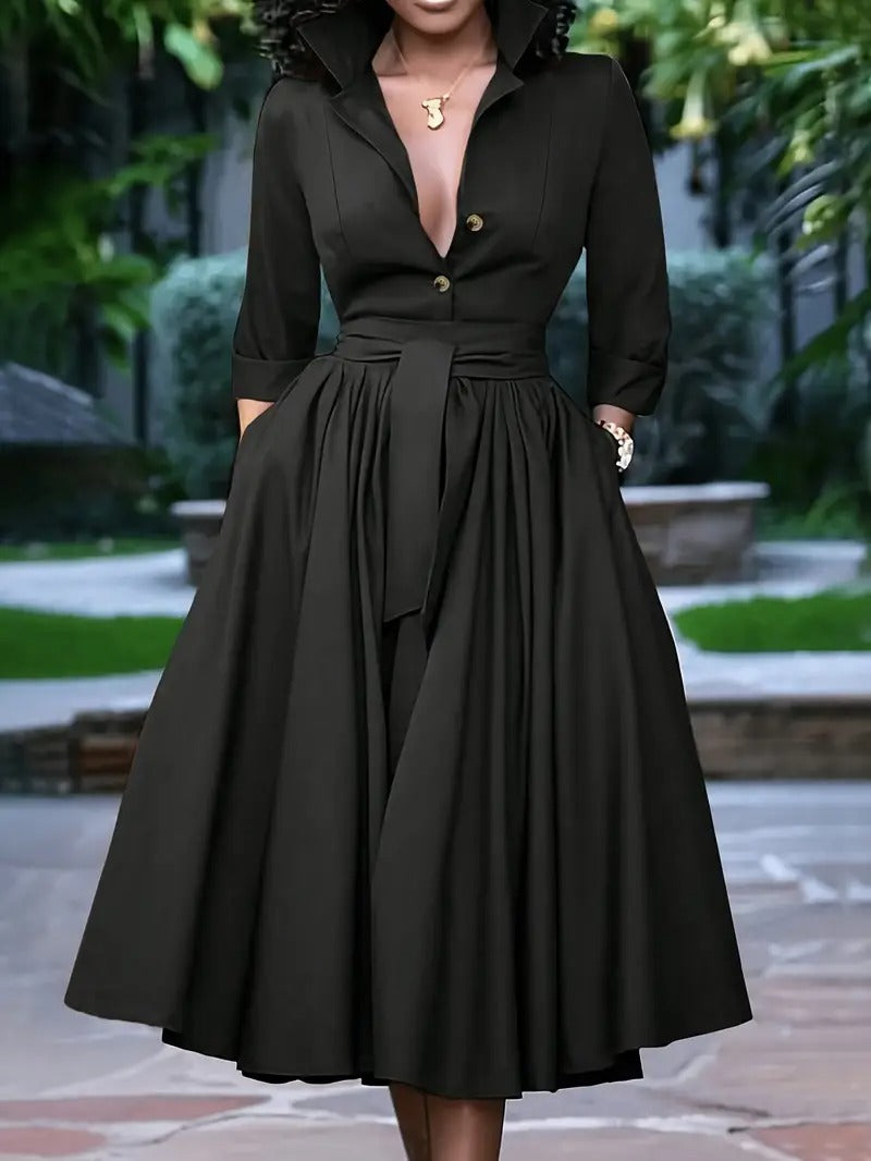 VESTIDO CHIC AMELIA – ELEGANTE MIDI CON BOTONES Y LAZO EN LA CINTURA