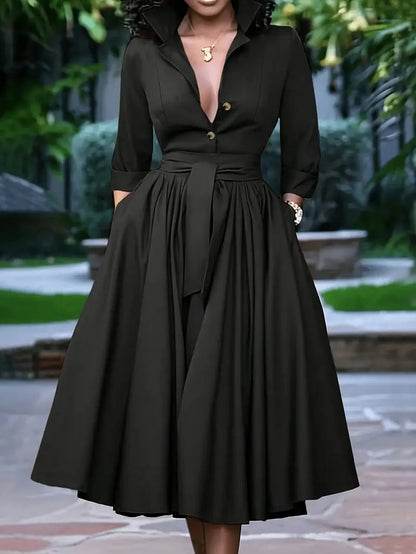 VESTIDO CHIC AMELIA – ELEGANTE MIDI CON BOTONES Y LAZO EN LA CINTURA