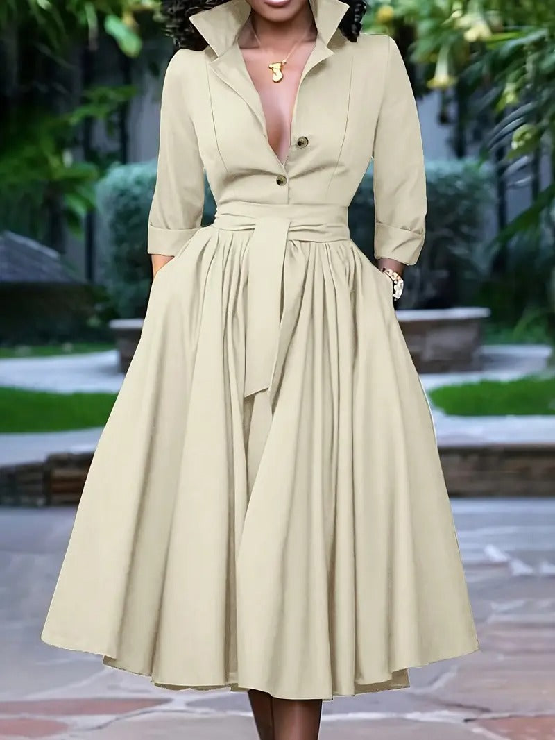 VESTIDO CHIC AMELIA – ELEGANTE MIDI CON BOTONES Y LAZO EN LA CINTURA