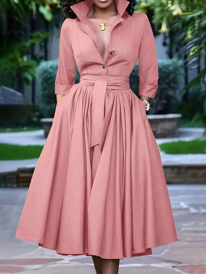 VESTIDO CHIC AMELIA – ELEGANTE MIDI CON BOTONES Y LAZO EN LA CINTURA