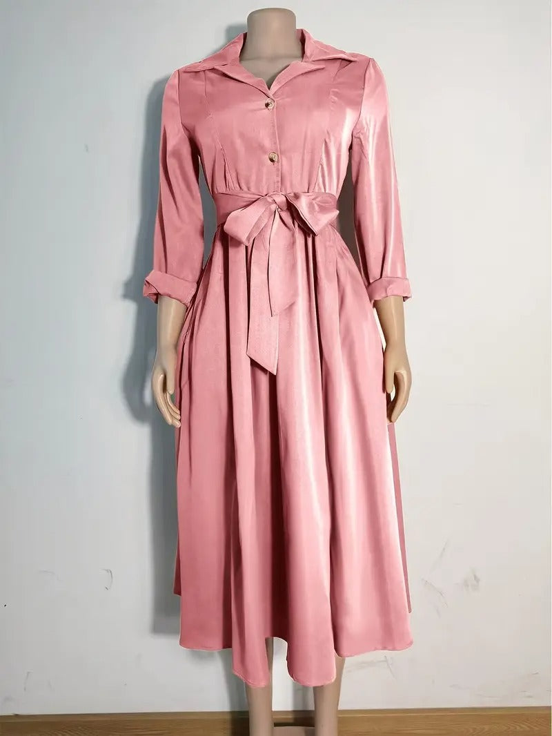 VESTIDO CHIC AMELIA – ELEGANTE MIDI CON BOTONES Y LAZO EN LA CINTURA