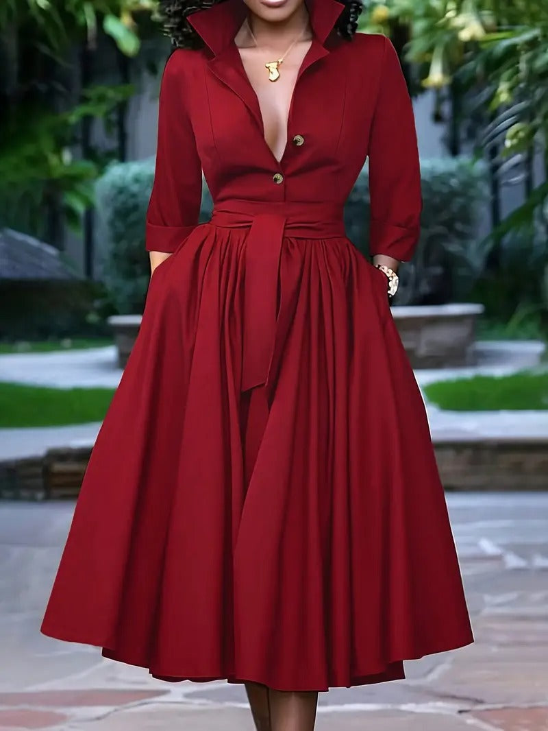 VESTIDO CHIC AMELIA – ELEGANTE MIDI CON BOTONES Y LAZO EN LA CINTURA