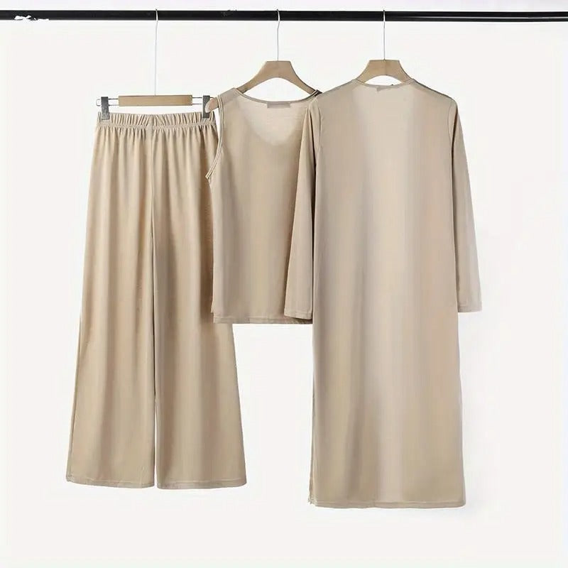 SET TOSCANA TRES PIEZAS – CARDIGAN LARGO, TOP Y PANTALÓN PALAZZO