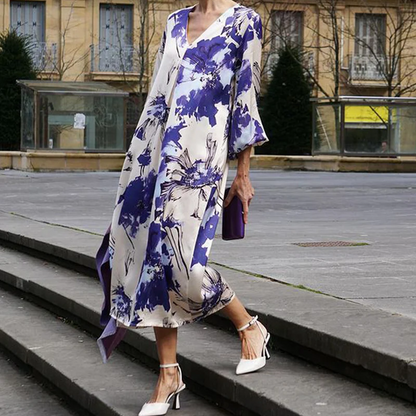 VESTIDO “PURPLE DREAM™” – ESCOTE EN V Y ESTAMPADO EXCLUSIVO LARGO ELEGANTE