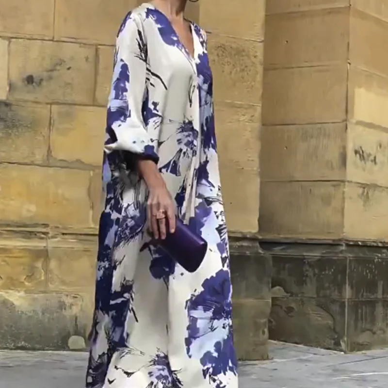 VESTIDO “PURPLE DREAM™” – ESCOTE EN V Y ESTAMPADO EXCLUSIVO LARGO ELEGANTE
