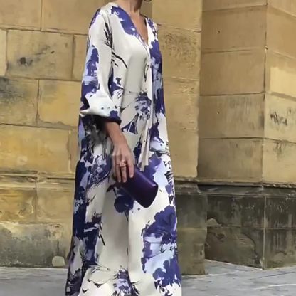 VESTIDO “PURPLE DREAM™” – ESCOTE EN V Y ESTAMPADO EXCLUSIVO LARGO ELEGANTE